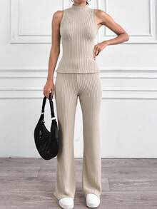 Pantaloni casual pentru femei, cu imprimeu texturat, elastici, tricotați cu nervuri, cu picior drept, cu detaliu despicat