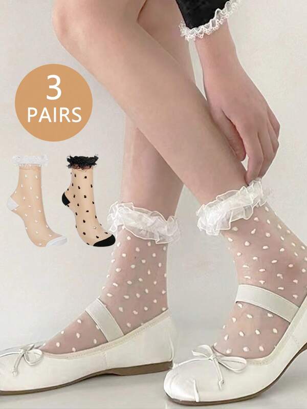 3 pares de meias femininas de malha com renda e cor sólida até a panturrilha, meias versáteis da moda com bolinhas, adequadas para atividades ao ar livre, casa, viagens, eventos e encontros