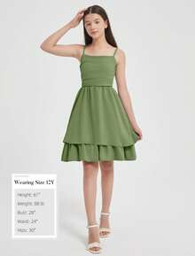 EXARUS Vestido corto informal de verano con tirantes finos ajustables y fruncido con dobladillo abullonado para niñas - Verde - Ver 5