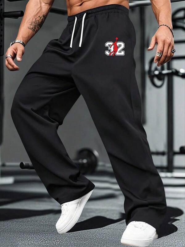 Men's Loose Fit Wide Leg Pants, Basketball Numeric Print Pattern, Casual Drawstring Waist With Pockets, Lightweight Training Joggers Suitable For Running And Outdoor Activities, Best Gift