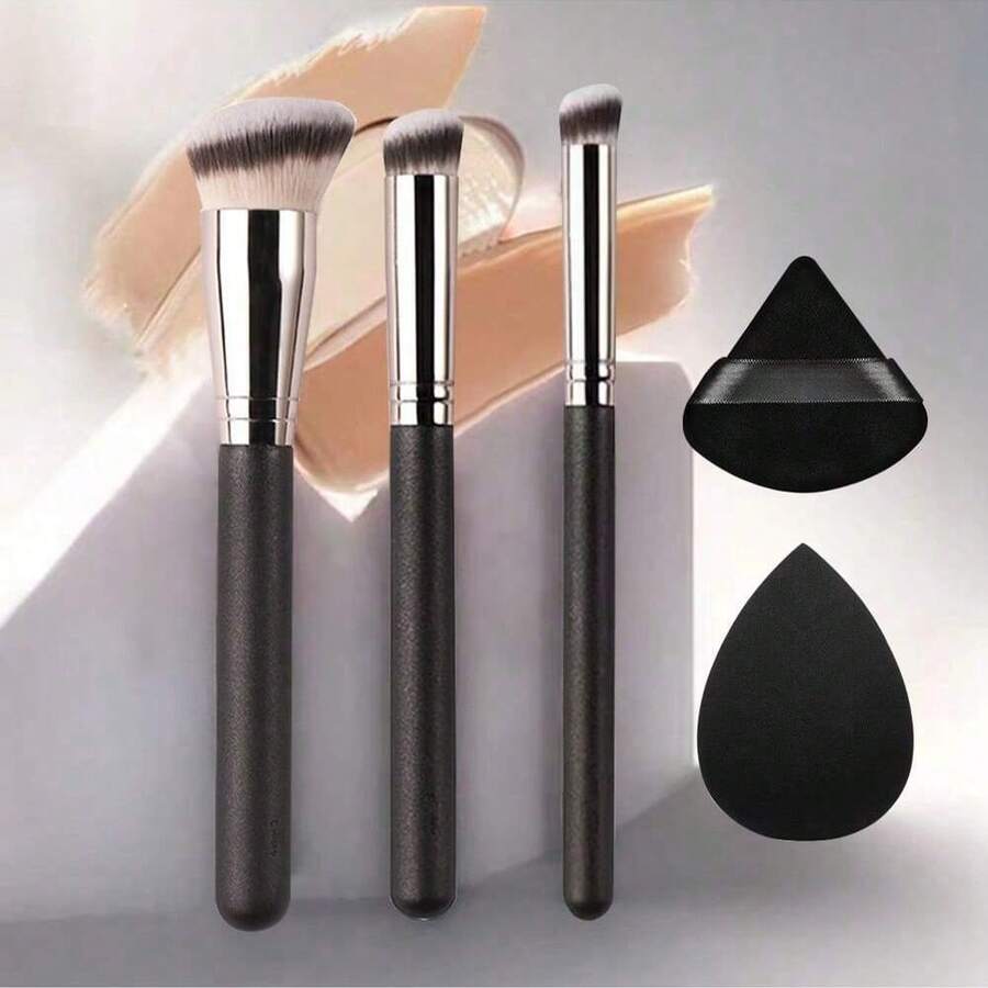 Conjunto de 5 pincéis profissionais para base Kabuki - Muito adequado para misturar cosméticos líquidos, cremes faciais, pó - Pincel de polimento e modelagem cosmética, cabo perolado, pincel macio e grosso para corretivo, pincel de contorno profissional masculino e feminino, ferramentas de beleza - Preto - Ver 1