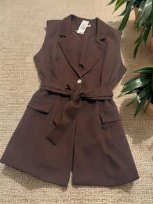 Steve Store Women's Fashion Long Tailored Blazer Vest With Formal Belt - màu nâu - Xem 5