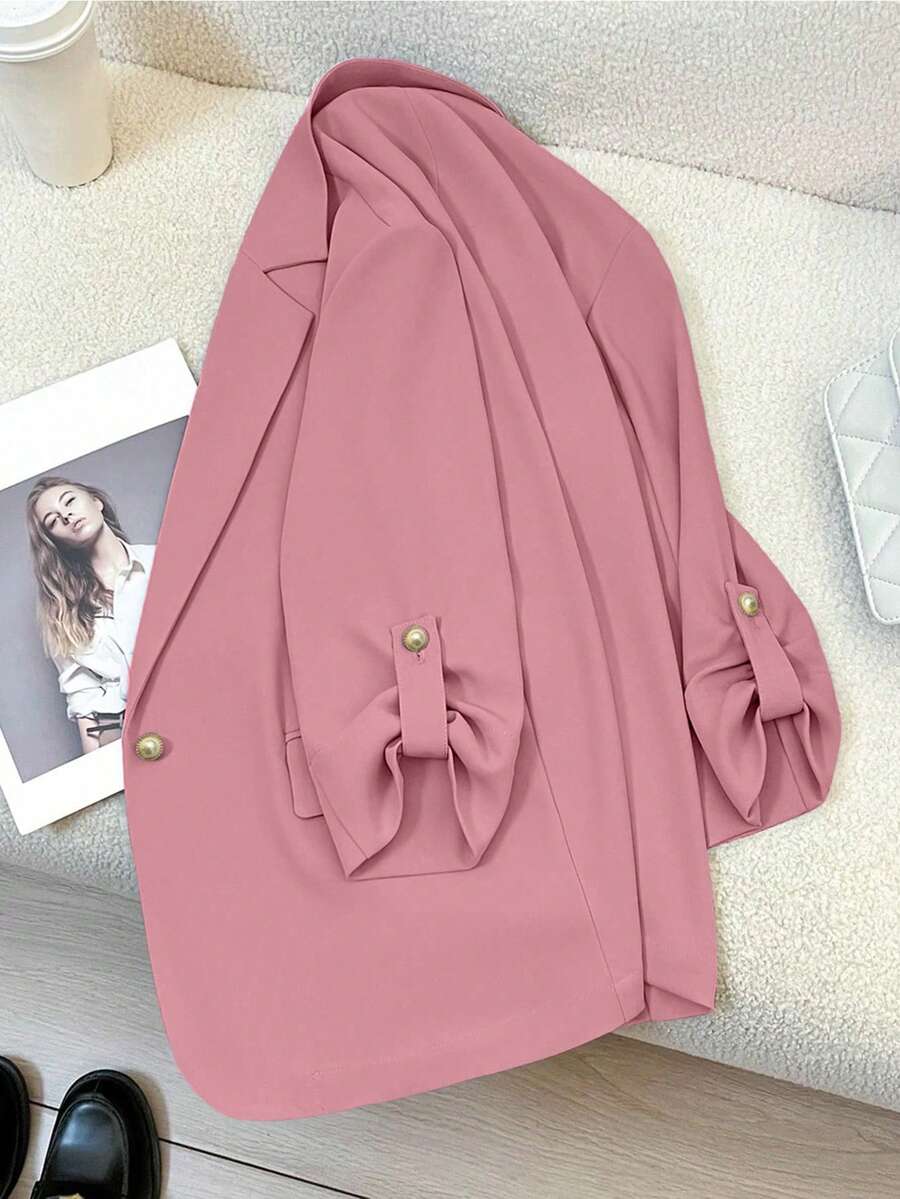 Single-Breasted Blazer, Solid Color, 3/4 Sleeve, Suitable For Office Wear, Spring/Summer - Pink - View 1