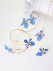 Summer New Countryside Style Blue Asymmetrical Flower Pendant Necklace, 1 Pair Earrings, 1 Ring, 1 Bracelet Set