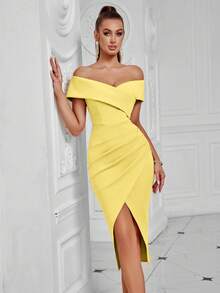 Elisanya Off Shoulder Ruched Wrap Hem High Slit Waisted Date Night Cocktail Party Bodycon Midi Dress - Yellow - View 1