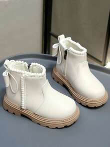 Autumn/Winter New Soft Leather Children's Ankle Boots, Bow Design, Anti-Slip Side Zipper, Versatile Little Girls Short Boots