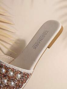 Wide Fit Women Flat Pearl & Rhinestone Decor Square Toe Slip On Slippers, Suitable For Summer - Beige - View 12