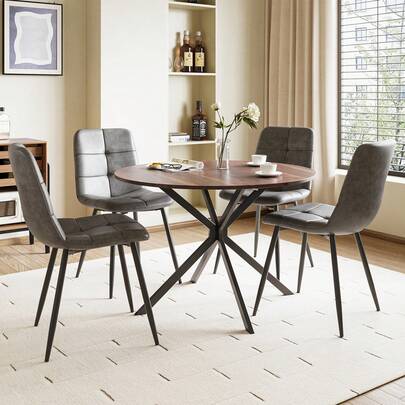 Dining Table And Chairs Set Of 4, Brown Folding Round Dining Table With 4 Grey PU Leather Chairs For Dining Room, Kitchen, Living Room