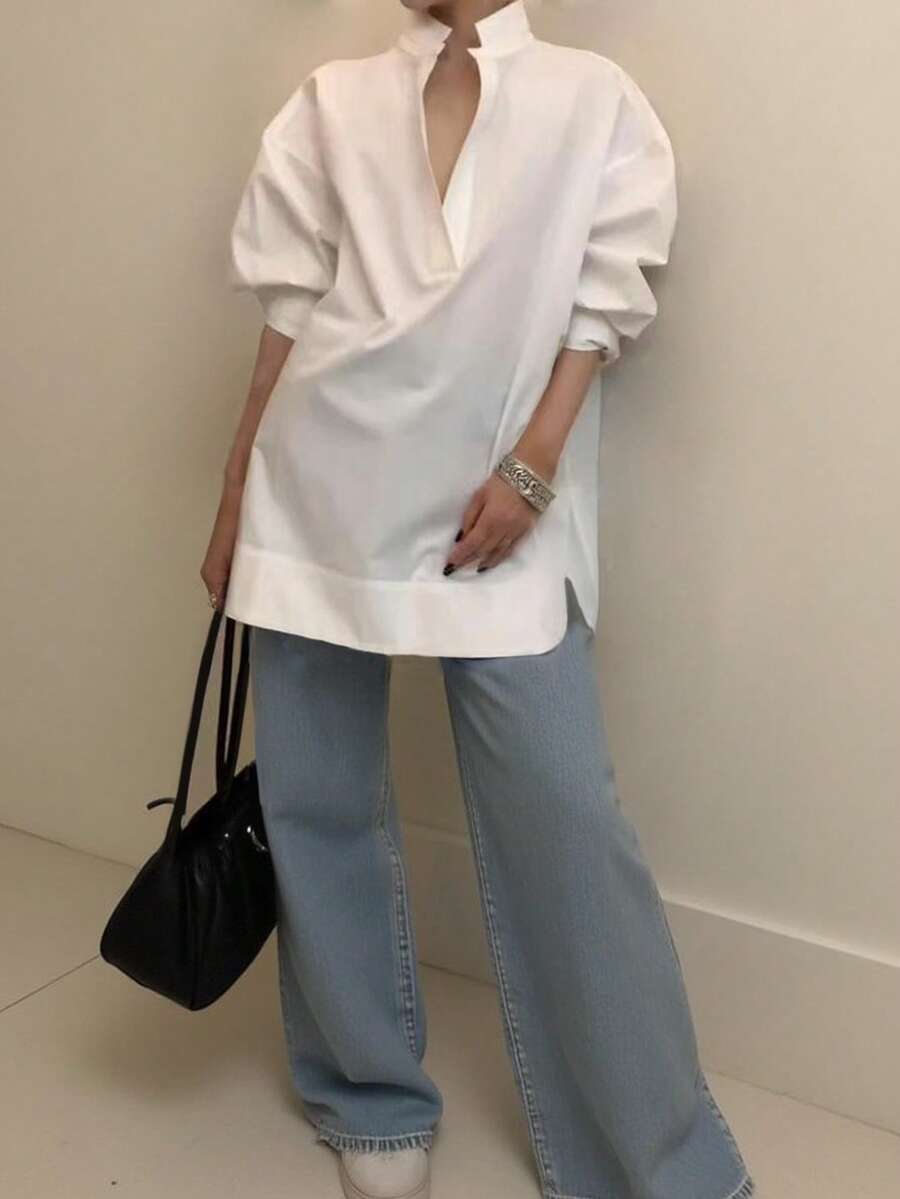 Women's Fashion Casual Versatile Long Sleeve Shirt, Asymmetrical Hem Solid Notched Neck Sexy Minimalist Office Shirt, Fashionable Women's Notch Collar White Polyester Semi-Sheer Long Sleeve Shirt - White - View 1