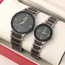 2 piezas Relojes de pareja de acero negro con estilo de negocios clásico de moda - Negro - Ver 3