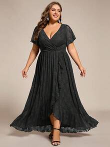 Plus Size V Neck Short Sleeves Pleated High Low Mother Of Bride Lace Dresses - Black - View 1