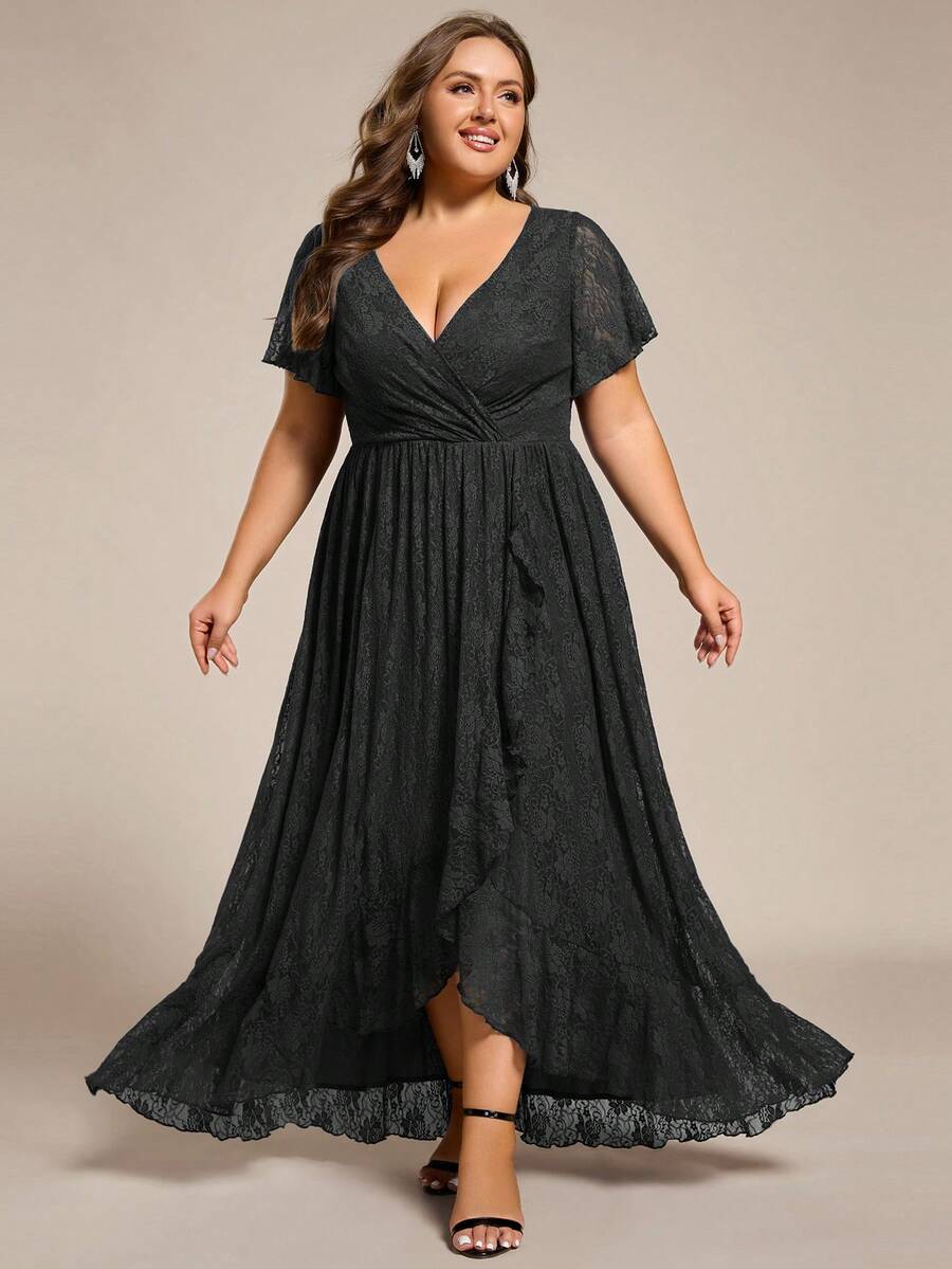 Plus Size V Neck Short Sleeves Pleated High Low Mother Of Bride Lace Dresses - Black - View 1