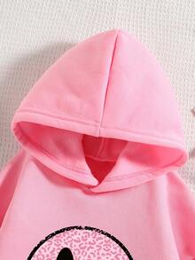 Tween Girl Cartoon Smiling Face Print Warm Hoodie Sweatshirt - Pink - View 3