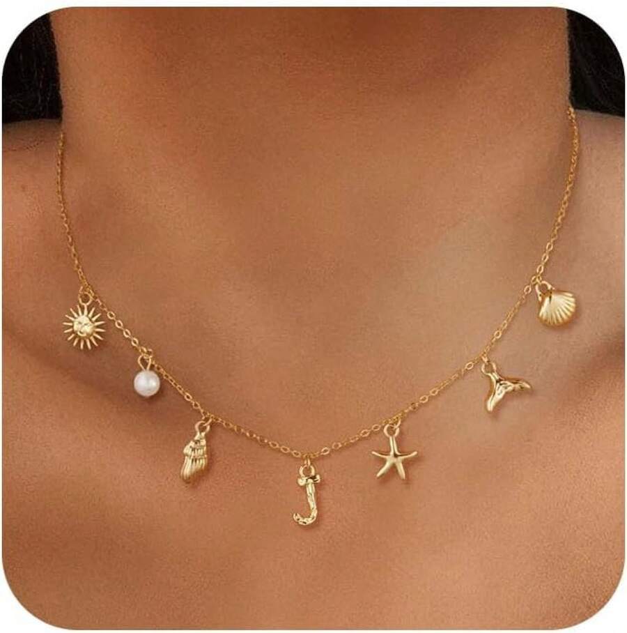 CAROVO Gold Initial Charm Necklace Women Letter A-Z Necklace 14K Gold Plated Charm Pendant Necklace Boho Summer Seashell Beach Starfish Surfer Jewelry - j - 查看 1