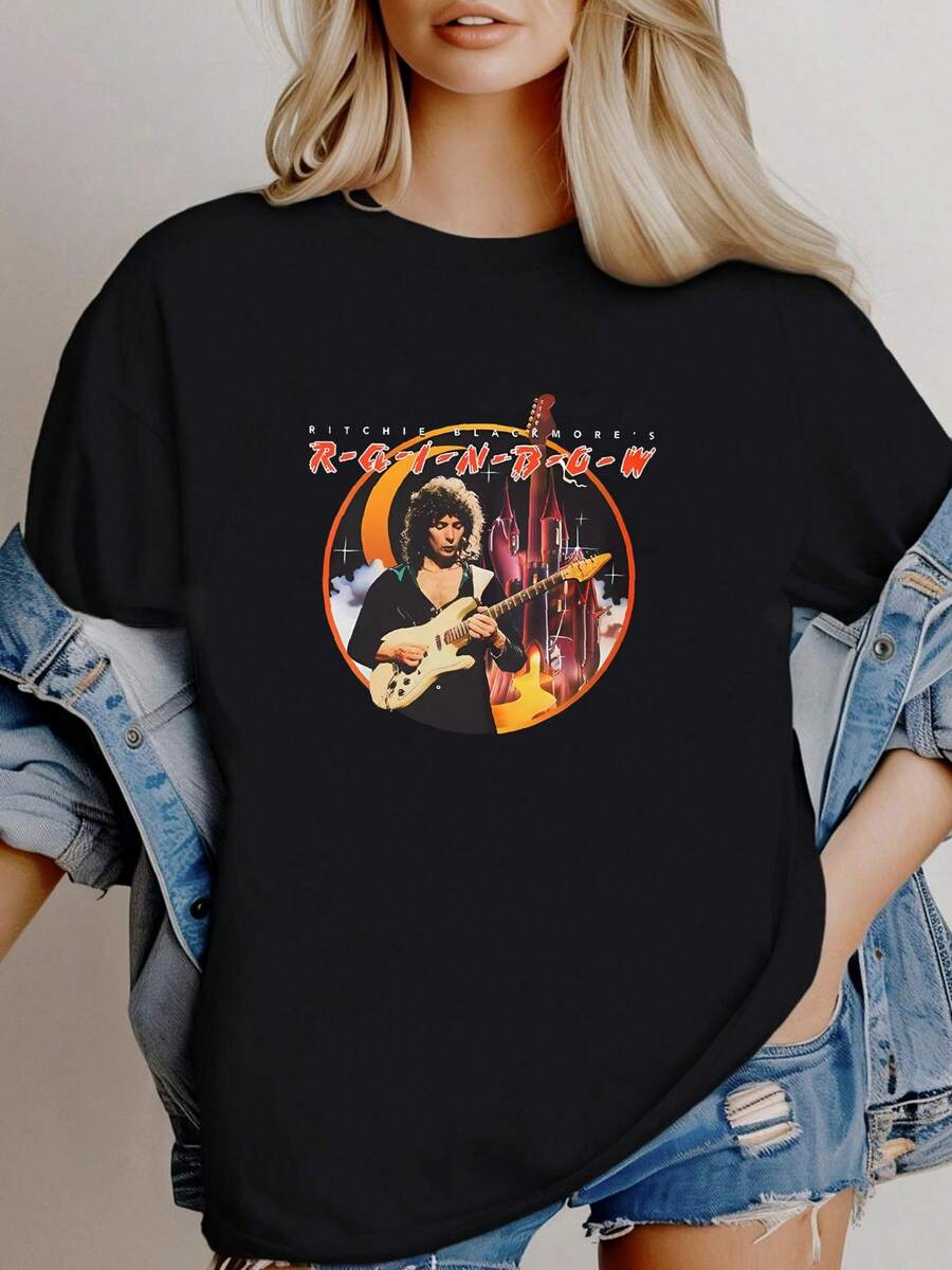 180g Pure Cotton Rainbow 'Ritchie Blackmore Photo' (Black) T-Shirt - NEW & OFFICIAL! Stretched Stylish Print Round Neck Short Sleeve For Women Homme Summer Soft Graphic Versatile Fashion Streetwear Breathable Slightly Unisex Designer Clothes Top For Everyday Wear Casual Comfortable.