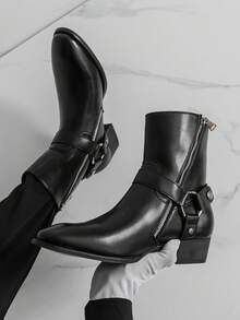 Men's Western Style Side Zipper Motorcycle Boots, Chunky Heel Boots - Black - View 5