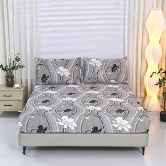 Juego de 3 piezas de sábana estampada [1 sábana + 2 fundas de almohada], sin edredón. Tela suave y cómoda con estampado floral, adecuada para dormitorio, hotel, dormitorio, escuela, alquiler vacacional