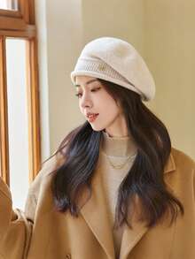 1 pezzo Berretto basco lavorato a maglia di colore unito da donna, cappello alla moda, versatile copricapo caldo per protezione delle orecchie in autunno/inverno per uso esterno