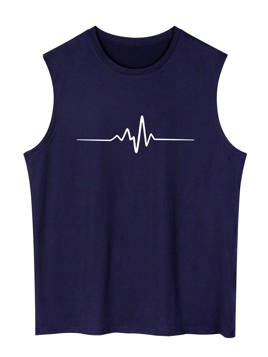 Men's Letter & Heart Print Round Neck Casual Tank Top - Navy Blue - View 1