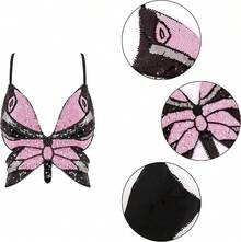 Woms Glitter Sequin Crop Top Low-Cut Top Rave Tube Vest Top Belly Dance Costume Outfits - Đen Hồng Bạc - Xem 5