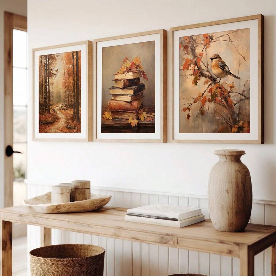3pcs Vintage Autumn Fantasy Forest Book Bird Moody Wall Art Prints, Rustic Fall Decor Posters, Dark Academia Art Painting, Autumn Decor, Thanksgiving Decor, Ideal Gifts For Living Room, Bedroom, Wall Decor, Home And Room Decor, No Frame - Burnt Orange - View 1