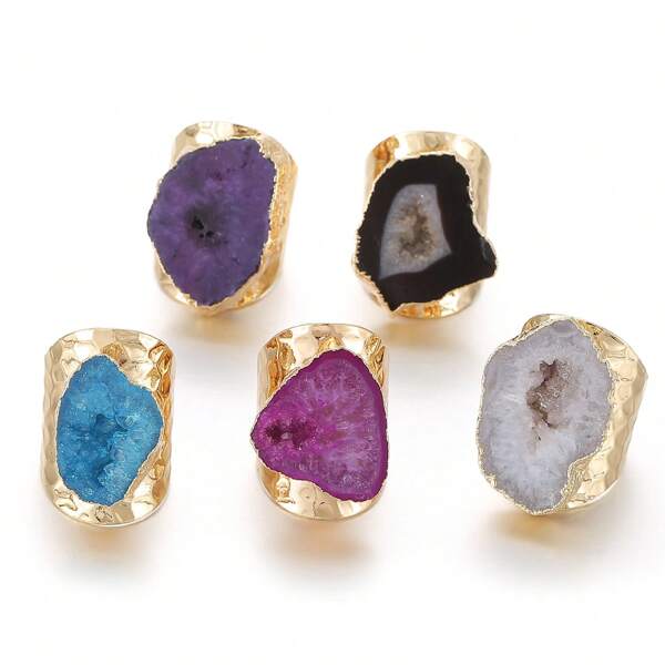 1pc Women'S Open Ring With Copper Inlaid Natural Agate Crystal Geode Stone Slice, Gold-Plated. It Fits Different Finger Sizes And Comes In Various Colors, Suitable For Casual Wear, Work, Parties, Fashion Events, Travel, Holidays, And As Gifts For Couples, Friends, Or Besties On Birthdays And Anniversaries.