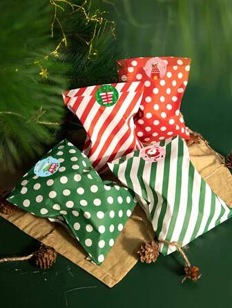 48pcs, 24 Paper Gift Bags; 24 Stickers; Christmas Themed Party Gifts Kraft Paper Bags, Christmas Kraft Paper Gift Bags With Stickers - Red Polka Dot Striped Design, Candy Cookie Pouches, Christmas Party Favors, Holiday Gift Packaging Supplies, Suitable For Small Businesses, Economical And Convenient Packaging Solution, Random Styles, Batch Stickers Have Different Background Colors. Christmas Christmas Decorations Christmas Pajamas Christmas Gifts Christmas Decor