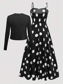 女士波点吊带连衣裙，系带腰身，喇叭裙摆，搭配针织开衫，波西米亚风印花夏季度假装扮 - 黑與白 - 查看 3