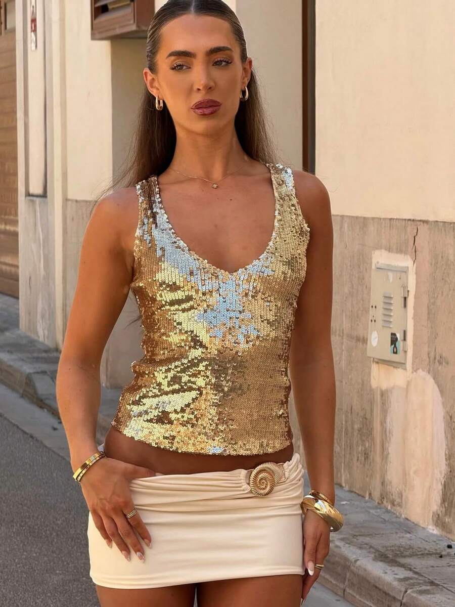 Women Sequinned Tank Top Sleeveless Glitter Scoop Neck Slim Fitting Crop Top Party Clubwear - 金色 - 查看 1