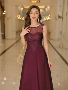 Babyonlinedress Guipure Lace Insert Pearls Beaded Chiffon A-Line Prom Bridesmaid Dresses,Formal Wedding Guest Gown, For Graduation, Homecoming,Dinner - 酒紅色 - 查看 6