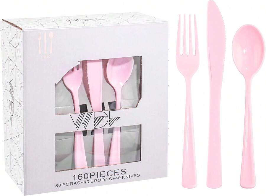 160 Piece Pink Plastic Silverware - Heavy Duty Pink Silverware Includes 80 Forks, 40 Spoons, 40 Knives, Plastic Utensils Perfect For Wedding, Party,9001082 - 玫紅色 - 查看 1