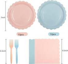 75Pcs Pink Blue Paper Plates And Napkins,25 Guest Pink And Blue Scalloped Paper Tableware Forks Disposable Dinnerwaret Kit For Baby Shower Bridal Wedding Birthday Party New Year Decorations,9010107