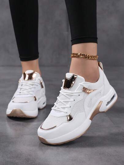 Plus Size Casual Air Cushion Lightweight Sneakers For Women, Spring/Autumn White & Gold Splice Sporty Shoes For Women Women's Platform Thick Bottom Sneakers Women's Mesh Breathable Running Shoes Women's Elevator Sneakers Women's Gold Air Cushion Shoes Men's Elevator Shoes Men's Thick Bottom Shoes Lace-Up Simple Couple Travel Shoes, Men's Sports Shoes Men's Casual Shoes