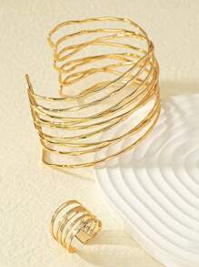 Set de 2 piezas de anillos asimétricos de línea geométrica exagerada y brazalete de estilo punk, adecuado para uso diario de mujeres, fiestas y reuniones