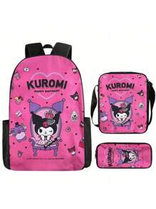 3D Fully Printed Cartoon Sanrio Kuromi 3 Pieces Backpack Primary School Bag Children's Lunch Bag Pencil Bag Set Anime Kawaii Cartoon School Bag