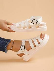 女士平底凉鞋，新款厚底黑色凉鞋，罗马风格凉鞋，防滑百搭时尚凉鞋，夏季休闲沙滩凉鞋 - 米色 - 查看 6