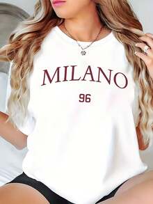 Plus Size Women's MILANO 96 Print Casual Loose Fit White T-Shirt For Summer, Short Sleeve T-Shirt - 白色 - 查看 1
