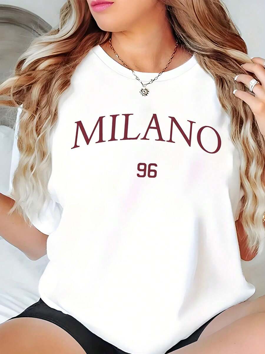 Plus Size Women's MILANO 96 Print Casual Loose Fit White T-Shirt For Summer, Short Sleeve T-Shirt - 白色 - 查看 1