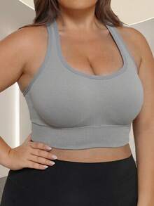 Plus Size Seamless Cross Back Sports Bra For Workout Shockproof Push Up Bra Padded High Support Workout - Light Grey - View 6