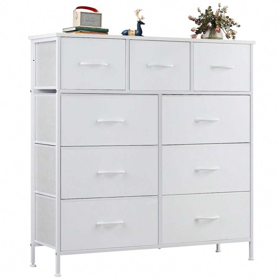 Fabric Storage Dresser With 9 Drawers, Steel Frame And Wooden Top For Bedroom, Closet And Entryway , White