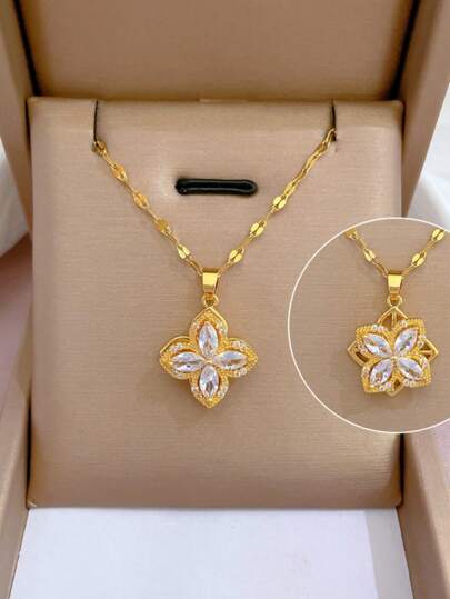 1 pieza Collar con colgante de cruz de concha natural con incrustaciones de cobre con forma de trébol de cuatro hojas y circonita, de moda y sencillo. Caja de regalo deseando lo mejor, adecuado para regalos, parejas, amigos, novias, regalos, uso diario y festivo, oración