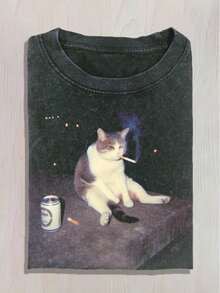 Men's Street Retro Washed T-Shirts, 230 Grams Of Washed Cotton, Interesting Patterns Of Smoking Cats, Lazy Street Style, Night Coffee Gathering And Wearing. - màu đen - Xem 1
