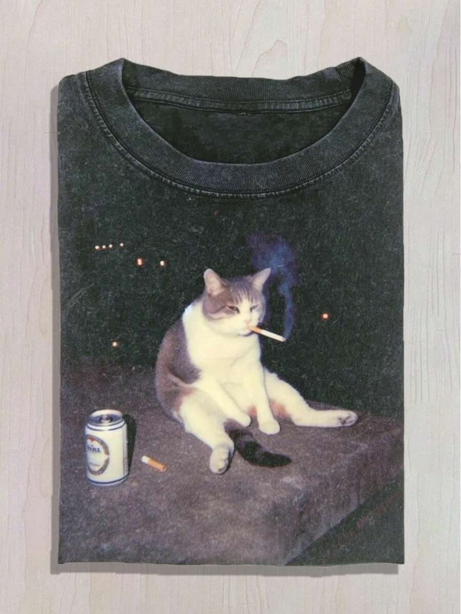 Men's Street Retro Washed T-Shirts, 230 Grams Of Washed Cotton, Interesting Patterns Of Smoking Cats, Lazy Street Style, Night Coffee Gathering And Wearing. - màu đen - Xem 1
