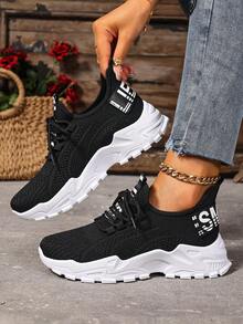 Giày thường ngày thời trang mới cho nữ, Giày thể thao buộc dây màu trơn, Giày chạy bộ ngoài trời thoáng khí, Giày nữ cổ thấp thoải mái cỡ lớn, Giày nữ buộc dây bằng PVC, Giày tập thể dục ngoài trời thoáng khí thoải mái nhẹ mềm mại cho nữ đi nghỉ - màu đen - Xem 4