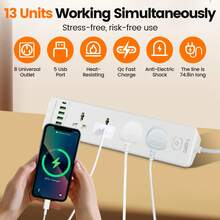 Extension Lead, 8 Way Universal Outlets, Surge Protection Extension Cable With 1.9M Extension Cord For Home, Office, Support QC3.0 + PD20W - White - View 2
