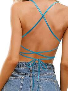 Women's Short Tops With Shiny Sequins Embellished Irregular Butterfly Look Sleeveless Camisole Vest - Màu xanh lam - Xem 5