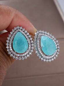 1 对优雅女士泪滴绿松石和立方氧化锆耳钉 - 奢华风格，铜底座，无镍电镀，适合婚礼、派对和周年纪念 - 耳環 - 查看 6