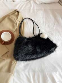 حقيبة خياطة كبيرة السعة بسحاب، تصميم سلسلة مزخرفة بالفرو الاصطناعي وتصميم نطافة، حقيبة كتف/ إبطية نمطية بسيطة مع زخارف صغيرة، مناسبة للاستخدام اليومي للنساء