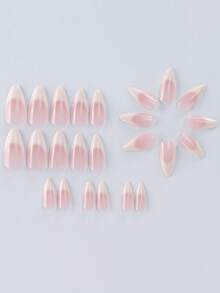Juego de 24 uñas postizas de forma almendrada corta con degradado de colores nude y blanco lechoso. Incluye 1 bloque de pulido de uñas y 1 gel de gelatina - Multicolor - Ver 10