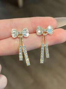 1 Par De Brincos De Decoração Com Laço E Borla De Cristal Doce Com Strass Para Mulheres, Adequados Para Uso Diário, Festival, Festa